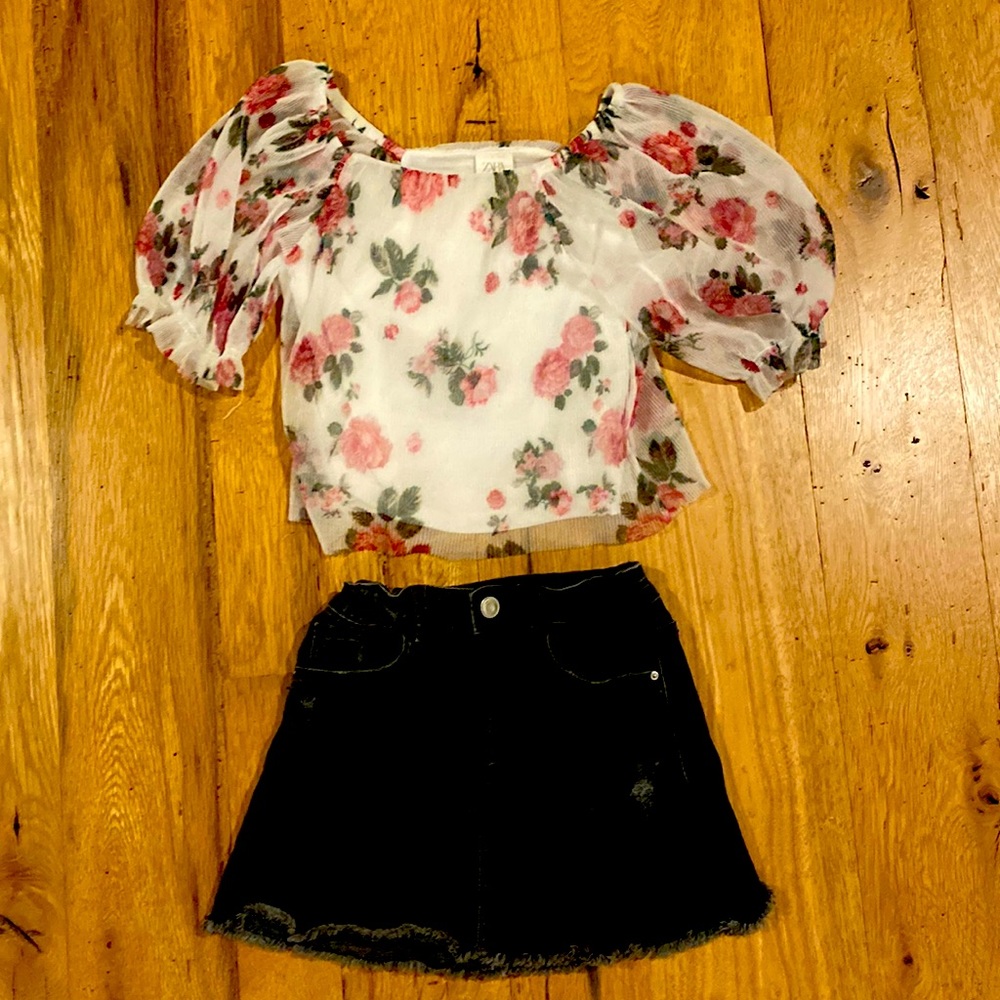 Zara roses top and black jean skirt